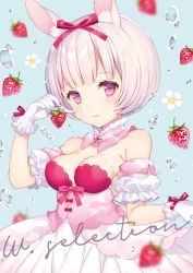Rule 34 | 1girl, animal ears, bare shoulders, blue background, bob cut, bow, breasts, cleavage, closed mouth, commentary request, detached collar, detached sleeves, dress, flower, food, fruit, gloves, hair bow, looking at viewer, medium breasts, original, puffy short sleeves, puffy sleeves, purple eyes, rabbit ears, red bow, short hair, short sleeves, silver hair, simple background, smile, solo, strawberry, strawberry blossoms, wasabi (sekai), water drop, white dress, white flower, white gloves