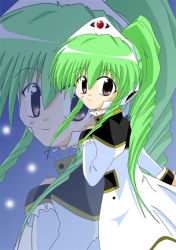 Rule 34 | 00s, 1girl, galaxy angel, green hair, high ponytail, long hair, looking at viewer, looking back, ponytail, red eyes, simple background, solo, tagme, vanilla h, zoom layer