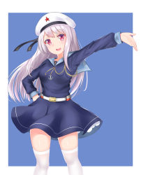 Rule 34 | absurdres, bad id, bad pixiv id, belt, blue background, blue dress, border, cang se ye hua, changchun (warship girls r), dress, hat, highres, long hair, looking at viewer, red eyes, red star, remodel (warship girls r), reshitelny (warship girls r), sailor dress, simple background, smile, solo, star (symbol), thighhighs, warship girls r, white border, white hair, white hat, white thighhighs
