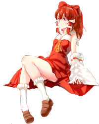 Rule 34 | 1girl, absurdres, ascot, bobby socks, bow, brown footwear, brown hair, detached sleeves, dress, eossim, expressionless, full body, hair bow, hair tubes, hakurei reimu, highres, kneehighs, red bow, red dress, red eyes, shoes, short hair, sitting, sleeves past wrists, socks, solo, touhou, white background, white socks