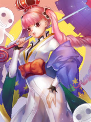 Rule 34 | 1girl, black eyes, blush, commentary request, crown, drill hair, dywx poison, eyelashes, ghost, holding, holding umbrella, japanese clothes, kimono, light blush, long hair, looking at viewer, looking down, one piece, perona, pink hair, solo, twin drills, twintails, umbrella, very long hair, white kimono