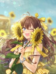 Rule 34 | 1girl, ;d, antenna hair, artist name, bare shoulders, bead necklace, beads, blue eyes, blurry, blurry background, blush, breasts, brown hair, commentary request, day, depth of field, dress, flower, hagiwara rin, hair ribbon, holding, holding flower, ichinose shiki, idolmaster, idolmaster cinderella girls, jewelry, layered dress, lead, lens flare, long hair, looking at viewer, nail polish, necklace, one eye closed, open mouth, outdoors, plaid, plaid dress, ribbon, sleeveless, sleeveless dress, smile, solo, sparkle, sunflower, teeth, upper teeth only, very long hair, yellow dress, yellow flower, yellow nails, yellow ribbon