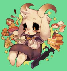 Rule 34 | 1boy, animal ears, asriel dreemurr, barefoot, black capelet, black robe, black sclera, blush, body fur, cake, cake slice, capelet, chibi, chibi only, chips (food), colored sclera, fang, fewer digits, fish (food), floppy ears, food, full body, furry, furry male, goat boy, goat ears, goat horns, green background, holding, holding food, horns, jewelry, knees up, male focus, necklace, open mouth, pancake, pancake stack, potato chips, pudding, rikose, robe, sashimi, slit pupils, solo, star (symbol), sword, undertale, weapon, white fur, yellow eyes