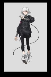 Rule 34 | 1boy, absurdres, black legwear, boots, cross-laced footwear, full body, grey background, highres, io (project a.i.d), lace-up boots, male focus, microphone, neco, project a.i.d, short hair, silver hair, simple background, standing, virtual youtuber