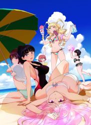 Rule 34 | bikini, breasts, cleavage, collarbone, ebino mei, eve (hatsukoi zombie), hatsukoi zombie, kneeling, large breasts, long hair, lying, multiple girls, navel, official art, ponytail, short hair, sitting, swimsuit, thick eyebrows, thighs
