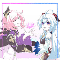 Rule 34 | 2girls, :d, ahoge, bare shoulders, blue eyes, blue hair, closed mouth, company connection, crossover, crystal, elf, elysia (honkai impact), elysia (miss pink elf) (honkai impact), ganyu (genshin impact), genshin impact, highres, honkai (series), honkai impact 3rd, horns, k-fami 271617, long hair, mihoyo, multiple girls, one eye closed, open mouth, pink hair, pointy ears, purple eyes, sketch, smile, white background, white sleeves
