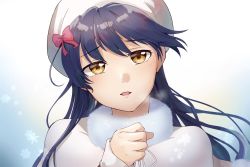 Rule 34 | 1girl, beret, blue hair, blush, commentary request, fur collar, fur trim, hair between eyes, hat, long hair, looking at viewer, love live!, love live! school idol project, open mouth, portrait, simple background, snow halation, sonoda umi, swept bangs, white hat, yellow eyes, zunda mochi (zundamochilala)