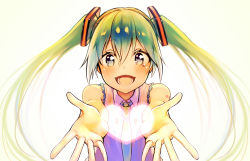 Rule 34 | 1girl, asagi yuna, backlighting, bad id, bad pixiv id, bare arms, bare shoulders, green hair, grey eyes, hatsune miku, heart, looking at viewer, necktie, open mouth, outstretched arms, shirt, sleeveless, sleeveless shirt, smile, solo, twintails, vocaloid