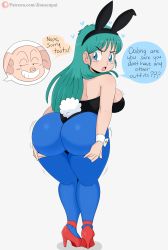 Rule 34 | 1boy, 1girl, angry, animal ears, ass, ass focus, ass grab, bare shoulders, black leotard, blue eyes, blue pantyhose, breasts, bulma, dragon ball, embarrassed, english text, fake animal ears, from behind, full body, green hair, grey background, hetero, high heels, highleg, highleg leotard, highres, huge ass, jinu (jinusenpai), legs, leotard, long hair, looking at another, looking at viewer, looking back, medium breasts, open mouth, pantyhose, patreon username, playboy bunny, rabbit ears, rabbit tail, red heels, simple background, skindentation, speech bubble, standing, tail, teeth, text focus, thick thighs, thighs, thong leotard, tongue, upper teeth only, wide hips, wrist cuffs