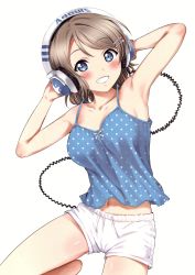 Rule 34 | 1girl, :d, absurdres, armpits, arms up, bare legs, barefoot, blush, breasts, camisole, cleavage, collarbone, grin, hair ornament, hairclip, hands on headphones, headphones, highres, leg up, looking at viewer, love live!, love live! sunshine!!, medium breasts, navel, open mouth, polka dot, sankuro (agoitei), scan, shiny skin, short hair, short shorts, shorts, simple background, smile, solo, spaghetti strap, standing, standing on one leg, swept bangs, tareme, teeth, watanabe you, white background, white shorts