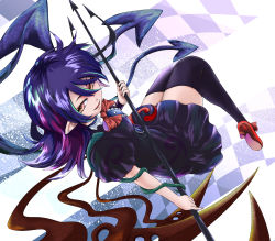 Rule 34 | 1girl, asymmetrical wings, black dress, black hair, black thighhighs, blue wings, bow, bowtie, center frills, checkered background, commentary request, dress, footwear bow, frilled dress, frills, hair between eyes, highres, houjuu nue, kasodani kyouko, looking at viewer, looking back, mary janes, medium hair, pointy ears, polearm, red bow, red bowtie, red footwear, red wings, shoes, short sleeves, snake, solo, thighhighs, thighs, touhou, trident, weapon, wings, wristband, yokochou, zettai ryouiki