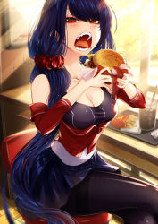 Rule 34 | 1girl, bare shoulders, black one-piece swimsuit, black pantyhose, blue hair, blue skirt, blush, brand name imitation, breasts, burger, chair, channee (cluseller), cheese, cleavage, cluseller, cola, commentary request, crossed legs, cup, day, drinking straw, female focus, food, food on face, french fries, half-closed eyes, hands up, highres, holding, ice, indoors, jacket, light particles, light rays, long hair, looking at viewer, meat, medium breasts, miniskirt, nail polish, napkin, off shoulder, one-piece swimsuit, open clothes, open jacket, open mouth, original, pantyhose, pleated skirt, raised eyebrow, red eyes, red jacket, red nails, saliva, scrunchie, sharp teeth, shiny clothes, shiny skin, sitting, skirt, solo, sunlight, swimsuit, swimsuit under clothes, table, teeth, thighband pantyhose, tongue, tray, tsurime, very long hair, window, zipper pull tab