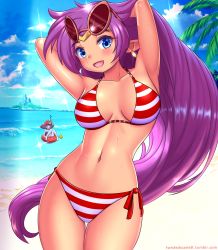 Rule 34 | 2girls, :d, ?, afloat, armpits, arms behind head, arms up, barefoot, beach, bikini, blue eyes, blue skin, blush, breasts, collarbone, colored skin, cowboy shot, day, earrings, eyewear on head, halterneck, hat, highres, innertube, jewelry, knees together feet apart, knees up, long hair, looking at viewer, medium breasts, multiple girls, navel, ocean, open mouth, outdoors, pirate hat, purple hair, risky boots, rubber duck, shantae, shantae (series), side-tie bikini bottom, side-tie bottom, smile, solo focus, sparkle, standing, stomach, striped bikini, striped clothes, sunglasses, swim ring, swimsuit, thigh gap, tiara, toes, twistedscarlett60, very long hair, water, watermark, web address, wet
