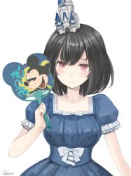 Rule 34 | 1girl, alternate costume, arm at side, bar censor, black hair, blue dress, blush, bow, breasts, castle, casual, censored, closed mouth, collarbone, disney, dress, dress bow, hair between eyes, hair ornament, hand fan, highres, holding, holding fan, identity censor, kantai collection, large breasts, looking at viewer, mickey mouse, puffy short sleeves, puffy sleeves, red eyes, retorillo, short hair, short sleeves, sidelocks, signature, simple background, solo, white background, yamashiro (kancolle)
