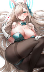 Rule 34 | 1girl, animal ears, aqua neckwear, asuna (blue archive), asuna (bunny) (blue archive), bare shoulders, blue archive, blue eyes, blue ribbon, bow, bowtie, breasts, brown pantyhose, card, cleavage, collarbone, detached collar, fake animal ears, gloves, grin, hair over one eye, hair ribbon, halo, highres, holding, holding card, large breasts, leotard, long hair, looking at viewer, mole, mole on breast, pantyhose, playboy bunny, rabbit ears, ribbon, simple background, smile, solo, thighs, traditional bowtie, very long hair, white background, white gloves, yuki (asayuki101)