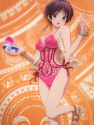 Rule 34 | 10s, 1girl, :d, bikini, black hair, blush, bracelet, breasts, chuunibyou demo koi ga shitai!, cleavage, drinking straw, food, highres, holding, holding drinking straw, jewelry, leg up, looking at viewer, official art, open mouth, orange background, red eyes, sandals, shaved ice, shoes, short hair, silk, smile, solo, spider web, standing, standing on one leg, swimsuit, toeless footwear, toes, tsuyuri kumin