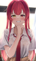 Rule 34 | 1girl, blouse, collared shirt, daichi (daichi catcat), grin, hand on own chin, heterochromia, highres, hololive, houshou marine, necktie, red eyes, red necktie, shirt, smile, solo, virtual youtuber, white shirt, yellow eyes