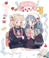 Rule 34 | 2girls, animal print, backpack, bag, black sweater, blonde hair, blue bow, blue eyes, blue hair, blue ribbon, blush stickers, bow, brown eyes, cake, cake slice, capelet, cherry hair ornament, closed mouth, crossed arms, cup, cupcake, disposable cup, double bun, drink, drinking, english text, eyelashes, eyeshadow, flower, food, food-themed hair ornament, fork, fruit, gift, hair bow, hair bun, hair ornament, hairband, half-closed eyes, heart, holding, holding drink, holding food, holding gift, jewelry, lace, lace-trimmed bow, lace-trimmed shirt, lace-trimmed sleeves, lace capelet, lace trim, layered sleeves, leaf, long hair, long sleeves, looking at another, makeup, medium hair, multiple girls, neck ribbon, necklace, original, pink bag, polka dot, polka dot ribbon, pretzel, puffy cheeks, putong xiao gou, rabbit print, rain, red bow, red lips, ribbon, rose, sample watermark, shirt, spoon, sprinkles, star (symbol), strawberry, striped collar, sweater, tearing up, tulip, turtleneck, upper body, watermark, wavy hair, whipped cream, white background, white capelet, white flower, white hairband, white ribbon, white rose, white shirt, wing hair ornament, yellow flower, yellow tulip