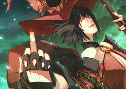 Rule 34 | 1girl, arc system works, bad id, bad pixiv id, bare shoulders, black hair, blue eyes, breasts, cleavage, detached sleeves, fingerless gloves, gloves, guilty gear, guilty gear xx, halterneck, hat, i-no, ian olympia, instrument, lipstick, makeup, middle finger, nail polish, red hat, short hair, solo, witch hat