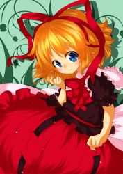 Rule 34 | 1girl, blouse, blue eyes, bow, capelet, clenched hand, female focus, flower, green background, hair ribbon, twirling hair, hand in own hair, head tilt, highres, ksk (semicha keisuke), lily of the valley, looking at viewer, medicine melancholy, orange hair, ribbon, sash, shadow, shirt, short hair, short sleeves, skirt, solo, touhou, wavy mouth