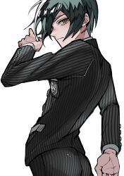 Rule 34 | 1boy, absurdres, black hair, black jacket, brown eyes, danganronpa (series), danganronpa v3: killing harmony, eyelashes, from behind, ha (user efmy3542), hair between eyes, hand up, highres, jacket, long sleeves, looking at viewer, male focus, pants, pinstripe jacket, pinstripe pants, pinstripe pattern, saihara shuichi, serious, short hair, simple background, solo, striped clothes, striped pants, white background