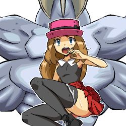 Rule 34 | 1boy, 1girl, bare shoulders, black footwear, black ribbon, black shirt, black thighhighs, blue eyes, blush, breasts, brown hair, collarbone, collared shirt, creatures (company), cross-laced footwear, cum, cum on clothes, cum on legs, female focus, game freak, gen 1 pokemon, gomatarou (pixiv196136), grey background, hand up, hat, hat ribbon, high-waist skirt, jaggy lines, knee up, light blush, long hair, looking up, lowres, machamp, miniskirt, muscular, muscular male, nintendo, open mouth, outline, pink headwear, pleated skirt, pokemon, pokemon (creature), pokemon xy, porkpie hat, red skirt, ribbon, serena (pokemon), sexually suggestive, shirt, shirt tucked in, shoes, sidelocks, sitting, skirt, sleeveless, sleeveless shirt, small breasts, solo focus, sweat, teeth, thighhighs, thighs, white outline