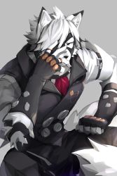 Rule 34 | 1boy, absurdres, animal ears, artist request, black eyes, breast pocket, collared shirt, collared vest, eyepatch, fingerless gloves, fur, furry, furry male, gloves, grey background, grey vest, hand on leg, hand on own face, highres, one eye covered, pocket, shabi96522, shirt, simple background, sitting, solo, tail, vest, von lycaon, white hair, white shirt, wolf boy, wolf ears, wolf tail, zenless zone zero