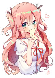 Rule 34 | 1girl, absurdres, bad id, bad pixiv id, black ribbon, blush, breasts, collarbone, commentary request, covered mouth, cropped torso, envelope, green eyes, hair between eyes, hair ribbon, heart, highres, holding, holding envelope, large breasts, letter, long hair, looking at viewer, love letter, neck ribbon, original, pink hair, pk (mukasihasakana), puffy short sleeves, puffy sleeves, red ribbon, ribbon, sailor collar, school uniform, serafuku, shirt, short sleeves, signature, simple background, solo, two side up, very long hair, white background, white sailor collar, white shirt