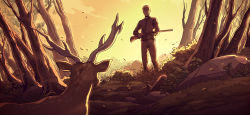 Rule 34 | 1boy, blonde hair, cross, cross necklace, deer, faith (game), gun, holding, holding weapon, jewelry, john ward, log, male focus, necklace, outdoors, pants, priest, rifle, rock, short hair, solo, standing, sunset, tree, weapon, wenny02