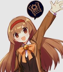 Rule 34 | 1girl, arm up, black vest, blouse, blush, brooch, brown coat, brown eyes, brown hair, coat, collared shirt, dot nose, gem, grey background, hair between eyes, hairband, highres, jewelry, library of ruina, long coat, long hair, long sleeves, looking at viewer, malkuth (project moon), neck ribbon, open clothes, open coat, open mouth, project moon, red hairband, ribbon, shirt, simple background, solo, speech bubble, upper body, vest, waving, white shirt, willitansov2