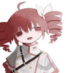 Rule 34 | 1girl, ahoge, buttons, double-breasted, drill hair, grey jacket, hair ribbon, hashtag-only commentary, head tilt, high collar, highres, jacket, kasane teto, kasane teto (sv), looking at viewer, open mouth, red eyes, red hair, red trim, ribbon, shino (4no 0), shoulder belt, simple background, solo, synthesizer v, twin drills, upper body, white background, white ribbon