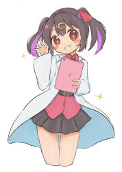Rule 34 | 1girl, belt, black skirt, blush stickers, brown eyes, commentary, cropped legs, grin, hair between eyes, hair ornament, hairclip, hand up, highres, holding, holding tablet pc, lab coat, long sleeves, looking at viewer, medium hair, miniskirt, multicolored hair, onii-chan wa oshimai!, oyama mihari, red shirt, shirt, simple background, skirt, smile, solo, sparkle, tablet pc, thigh gap, twintails, two-tone hair, uni nfia, untucked shirt, waving, white background, wing collar
