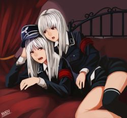 Rule 34 | 2girls, :d, albino, arm strap, bad id, bad pixiv id, black legwear, blunt bangs, curtains, long hair, lying, madu, mole, multiple girls, nazi, on bed, open mouth, original, personification, red eyes, scharnhorst, siblings, signature, silver hair, sisters, smile, thighhighs, twins, uniform, zettai ryouiki