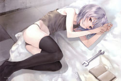 Rule 34 | 1girl, absurdres, armpits, ass, bare shoulders, bed sheet, black thighhighs, book, camisole, copyright name, green panties, grey eyes, hair intakes, highres, kannagi noel, kishida mel, legs, lying, no pants, official art, on side, open book, panties, parted lips, ruler, shadow, short hair, silver hair, solo, sora no woto, tank top, thighhighs, underwear, wrench
