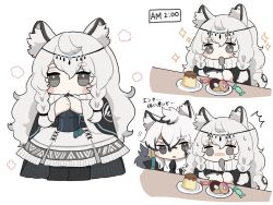 Rule 34 | 1boy, 1girl, :o, ^^^, animal ear fluff, animal ears, arknights, bell, black cape, black hair, black jacket, black necktie, black pantyhose, blush, blush stickers, braid, brother and sister, candy wrapper, cape, closed mouth, collared shirt, doughnut, dress, food, grey eyes, grey hair, hair between eyes, highres, holding, holding bell, holding spoon, jacket, leopard ears, leopard girl, leopard tail, multicolored hair, necktie, nose blush, open clothes, open jacket, pantyhose, parted lips, plate, pramanix (arknights), pudding, shirt, short eyebrows, siblings, silverash (arknights), simple background, someyaya, sparkling eyes, spoon, standing, streaked hair, sweat, tail, thick eyebrows, translation request, twin braids, white background, white dress, white hair, white shirt
