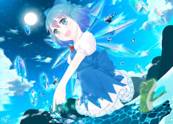 Rule 34 | 1girl, bad id, bad pixiv id, blue eyes, blue hair, bow, cirno, dress, frog, hair bow, ice, matching hair/eyes, mo2ica, monicanc, open mouth, short hair, solo, sun, touhou, water, wings
