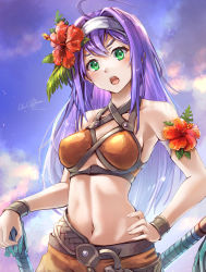 Rule 34 | 1girl, absurdres, artist name, bare shoulders, belt, bikini, blue hair, clear glass (mildmild1311), cowboy shot, fire emblem, fire emblem: radiant dawn, fire emblem heroes, flower, green eyes, hair flower, hair ornament, hairband, hand on own hip, hibiscus, highres, holding, holding weapon, long hair, mia (fire emblem), navel, nintendo, official alternate costume, open mouth, orange bikini, outdoors, signature, sky, solo, swimsuit, twitter username, upper body, v-shaped eyebrows, weapon, white hairband
