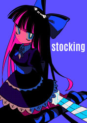 Rule 34 | 1girl, aqua eyes, arms behind back, bad id, bad pixiv id, barefoot, black hair, blue background, blue bow, blue theme, bow, bright pupils, closed mouth, dress, gothic lolita, hair bow, highres, holding, holding sword, holding weapon, huge bow, katana, kneeling, lolita fashion, long hair, menma (enaic31), multicolored hair, no shoes, panty &amp; stocking with garterbelt, pink hair, puffy sleeves, simple background, single thighhigh, solo, streaked hair, striped clothes, striped thighhighs, sword, thighhighs, two-tone hair, weapon, white pupils