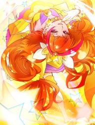 Rule 34 | 1girl, amanogawa kirara, back, bare shoulders, boots, choker, cure twinkle, earrings, gloves, go! princess precure, jewelry, long hair, looking up, magical girl, multicolored hair, orange hair, precure, purple eyes, sayvi, smile, solo, star (symbol), star earrings, thigh boots, thighhighs, twintails, two-tone hair