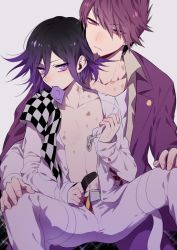 Rule 34 | 2boys, black hair, bruise, checkered clothes, checkered neckwear, checkered scarf, collarbone, commentary request, condom, condom in mouth, condom wrapper, danganronpa (series), danganronpa v3: killing harmony, diagonal stripes, facial hair, fang, feet out of frame, goatee, grey background, hair between eyes, half-closed eyes, highres, injury, jacket, jacket on shoulders, long sleeves, looking at viewer, male focus, male underwear, momota kaito, mouth hold, multicolored hair, multiple boys, nanin, open clothes, open jacket, open shirt, oma kokichi, pants, pectorals, pink hair, pink jacket, purple eyes, purple hair, scarf, shirt, short hair, simple background, sitting, sleeves past wrists, spread legs, stomach, straitjacket, striped, trap, two-tone hair, underwear, white pants, white shirt, yaoi