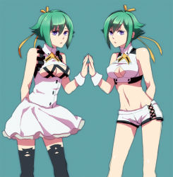 Rule 34 | 10s, 2girls, alternate costume, aquarion (series), aquarion evol, bad id, bad pixiv id, bare shoulders, black legwear, blush, breasts, chirugekiai, cleavage cutout, clothes lift, clothing cutout, dual persona, green hair, hair ornament, hair ribbon, large breasts, looking at viewer, midriff, multiple girls, navel, no panties, open mouth, panties, panty pull, pasties, purple eyes, revealing clothes, ribbon, short hair, short shorts, shorts, skirt, skirt lift, standing, tape, tape on nipples, thighhighs, underwear, wrist cuffs, wristband, zessica wong