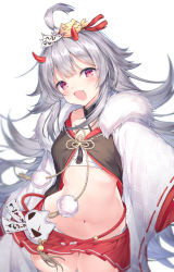 Rule 34 | 1girl, :d, ahoge, azur lane, black shirt, cowboy shot, flat chest, fur collar, grey hair, hair ornament, hibiki (azur lane), highres, horns, long hair, long sleeves, looking at viewer, midriff, miniskirt, navel, open mouth, pleated skirt, red eyes, red skirt, revealing clothes, sarashi, shirt, simple background, skirt, smile, solo, stomach, thighhighs, topia, very long hair, white background, wide sleeves