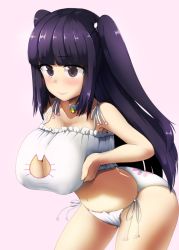 Rule 34 | 1girl, bare shoulders, bell, bent over, blush, breast hold, breast lift, breasts, cat cutout, cat ear panties, cat lingerie, cleavage, cleavage cutout, clothing cutout, denki (biribiri), covered erect nipples, highres, jingle bell, large breasts, leaning forward, long hair, meme attire, navel, panties, purple hair, side-tie panties, smile, solo, two side up, underwear