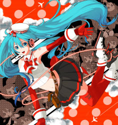Rule 34 | 1girl, aircraft, airplane, aqua eyes, aqua hair, artist request, boots, cola miku, contrail, elbow gloves, gloves, hat, hatsune miku, headphones, headset, highres, long hair, looking at viewer, midriff, navel, open mouth, shoew, skirt, smile, solo, thighhighs, twintails, very long hair, vocaloid, zettai ryouiki