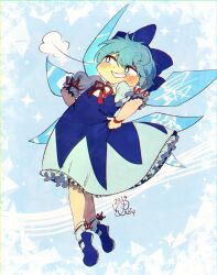Rule 34 | 1girl, puff of air, blue dress, blue eyes, blue footwear, blue hair, blue ribbon, bright pupils, cirno, collared shirt, commentary request, dress, frilled sleeves, frills, full body, grin, hair ribbon, highres, mary janes, neck ribbon, petticoat, pinafore dress, puffy short sleeves, puffy sleeves, red ribbon, ribbon, shirt, shoes, short hair, short sleeves, sleeve ribbon, sleeveless, sleeveless dress, smile, smug, solo, touhou, white pupils, white shirt, yukkyon kyon