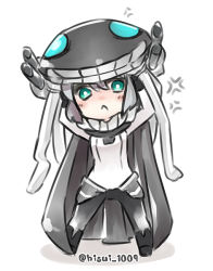 Rule 34 | 10s, 1girl, :&lt;, abyssal ship, anger vein, bodysuit, cape, chibi, green eyes, grey hair, hat, hisui (kimochi), kantai collection, pale skin, tentacles, twitter username, white background, wo-class aircraft carrier