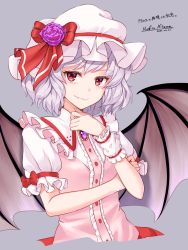 Rule 34 | 1girl, artist name, bat wings, bow, brooch, commentary request, cropped torso, dated, dress, fang, fang out, flower, frilled shirt collar, frills, grey background, hand up, hat, hat bow, hat flower, highres, jewelry, looking at viewer, mitama mudimudi, mob cap, pink dress, puffy short sleeves, puffy sleeves, purple flower, purple rose, red bow, red eyes, remilia scarlet, rose, short hair, short sleeves, signature, silver hair, simple background, smile, solo, touhou, upper body, white hat, wings, wrist cuffs