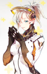 Rule 34 | 1girl, blonde hair, blue eyes, breasts, fingers together, gradient background, hakobakoko, halo, high ponytail, mechanical halo, mercy (overwatch), overwatch, overwatch 1, ponytail, short hair, solo, upper body, white hair