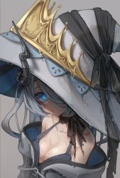 Rule 34 | 1girl, black bow, blue eyes, bow, breasts, fantasy, from above, grey background, grey hair, hair over one eye, hat, highres, horns, kajaneko, long hair, looking at viewer, medium breasts, mole, mole under eye, off shoulder, original, solo, upper body, white hat, witch hat