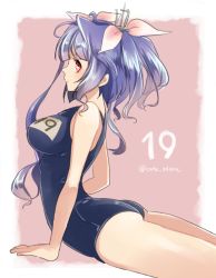 Rule 34 | 10s, 1girl, arched back, arm support, ass, blue hair, border, breasts, clothes writing, female focus, from side, hair ribbon, i-19 (kancolle), impossible clothes, impossible swimsuit, kantai collection, large breasts, long hair, moca blanc, one-piece swimsuit, pink background, red eyes, ribbon, school swimsuit, smile, solo, swimsuit, twitter username, very long hair